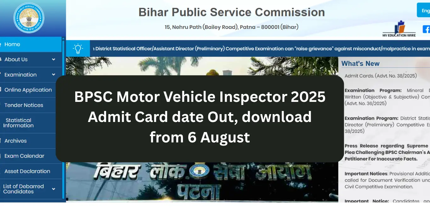 BPSC Motor Vehicle Inspector 2025 Admit Card date Out, download from 6 August
